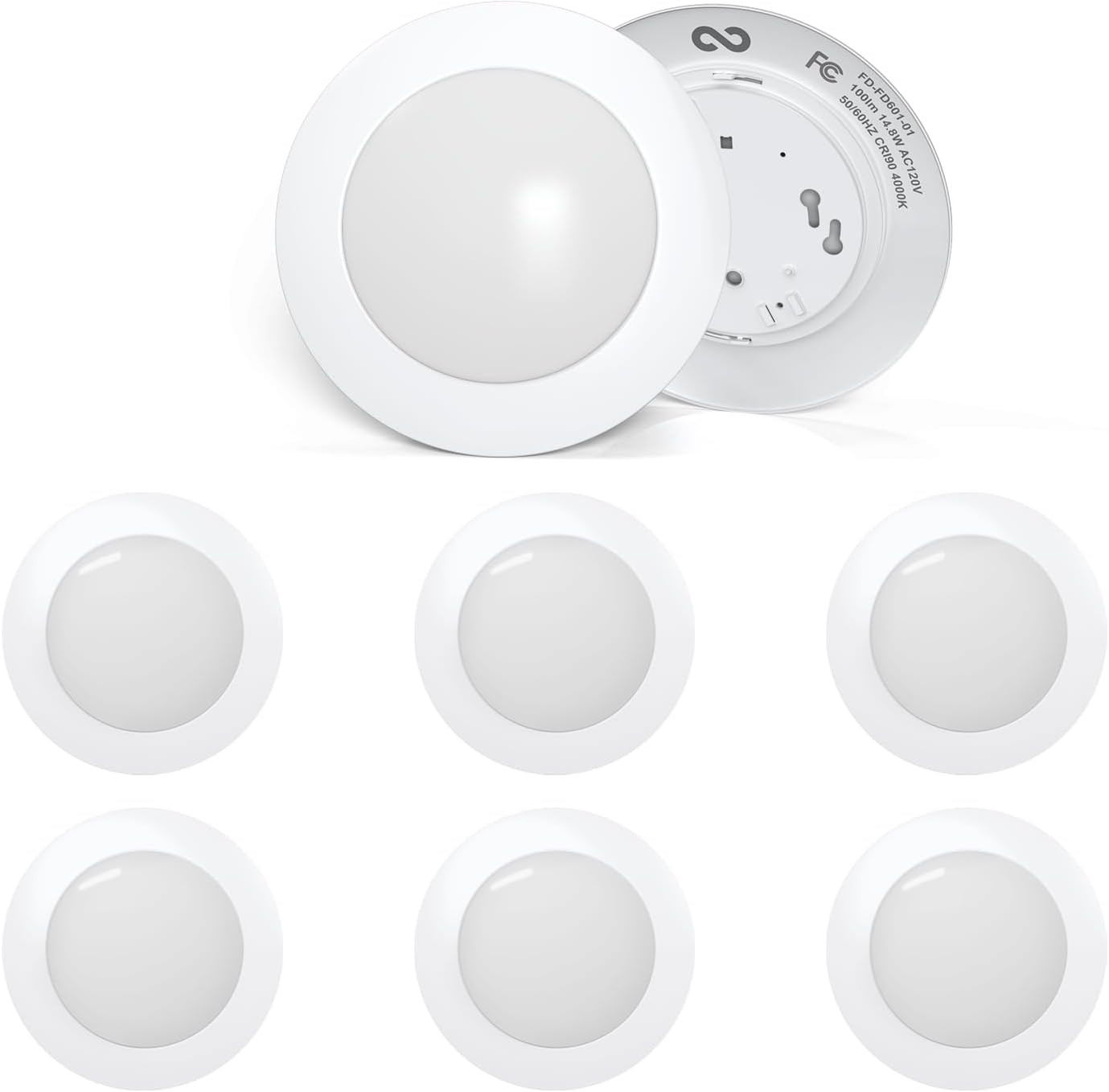 GonGoo (6 Pack) 5/6 Inch Recessed and Surface Mount, Dimmable Low Profile Led Disc Light, Instals into Junction Box or Recessed Can, 14.8W, 1000LM, 4000K Cool White, CRI90+, FCC Listed