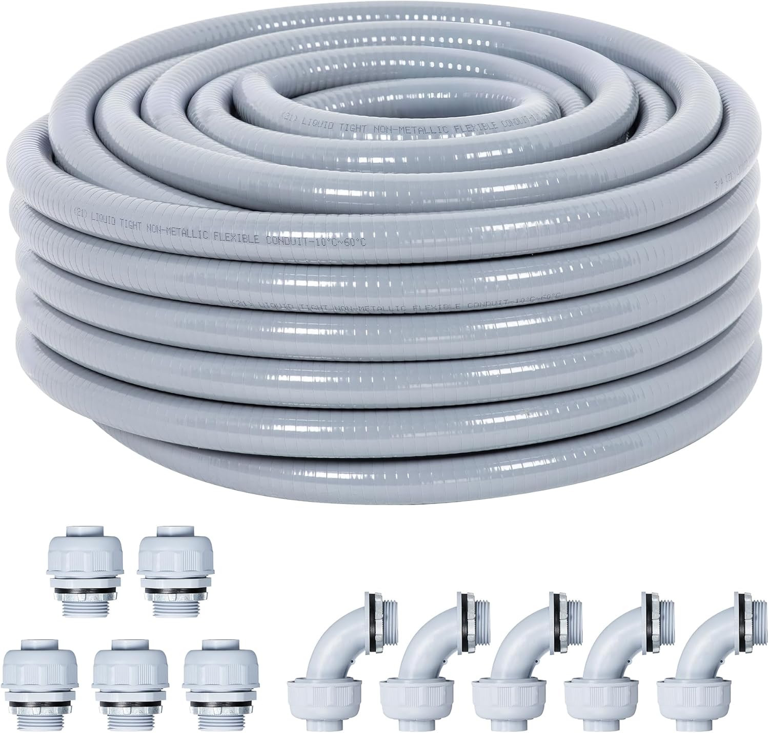 Neoaider 3/4 Inch 100FT Liquid Tight Conduit Kit, Flexible Non Metallic Electrical Conduit, with 5 Straight and 5 Angle Fittings, Suitable for Outdoor Lighting