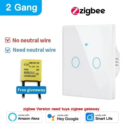 Tuya Smart Zigbee 2 Gang Switch - White Support Smartlife App Alexa & Google Home
