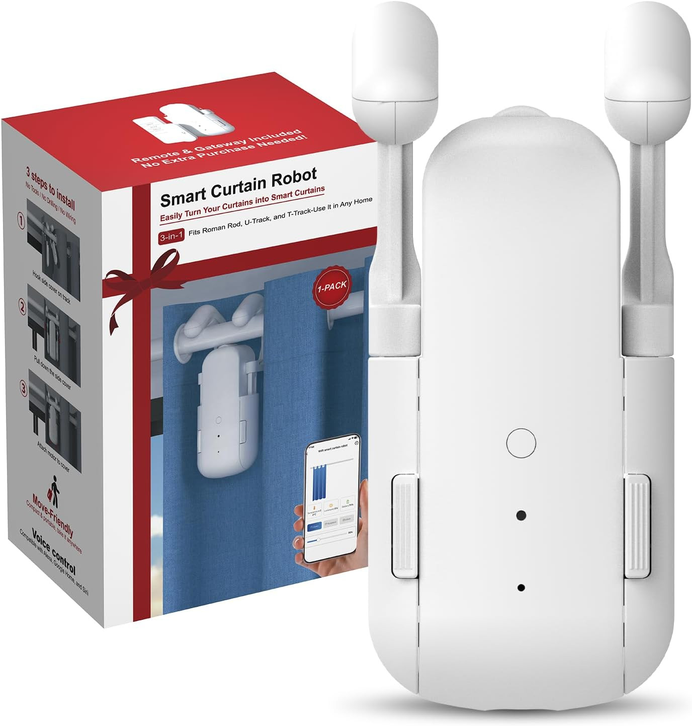 Automatic Curtain Opener with Remote, Compatible with Alexa and Google Home, Smart with Remote for Roman/U/T Rails, Bluetooth Curtain Opener with App/Timer, Gifts for Women and Men